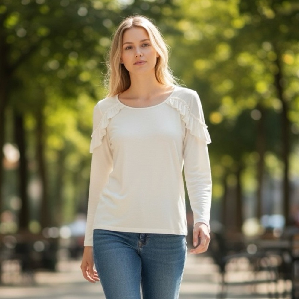 Entro Cream Ruffle Detail Long Sleeve Top Medium NWT